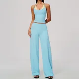 TS2585-1 · Sky Blue & Yellow Sky Blue & Yellow Brushed High Stretch Women's Yoga Set Halter Neck