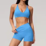 TS3597-1 · Lake Blue Lake Blue Women's Cross Back Yoga Activewear Set Seamless Backless