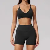 Jet Black Women's Cross Back Yoga Activewear Set Seamless Backless