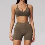 TS3597-3 · Coffee Brown Coffee Brown Women's Cross Back Yoga Activewear Set Seamless Backless