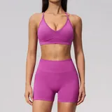 Rose Purple Women's Cross Back Yoga Activewear Set Seamless Backless