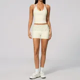 Cream Black Dot Women's Yoga Set Tummy Control Running Halter Neck