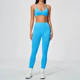 Sky Azure Women's Seamless Breathable Yoga Activewear Set Backless Fitted