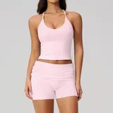 Falling Blossom Pink Women's Brushed Running Yoga Activewear Set Backless Strappy