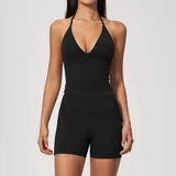 Jet Black Women's Deep V Yoga Set Deep V Fitted