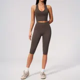 TS7655-3 · Dark Brown Color Dark Brown Color Women's Seamless Ribbed Yoga Set Tummy Control Fitted
