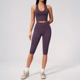 Plum Purple Women's Seamless Ribbed Yoga Set Tummy Control Fitted