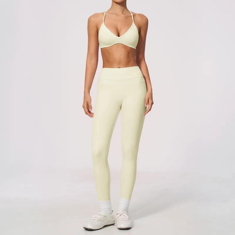Women's Brushed Backless Yoga Activewear Set V Neck