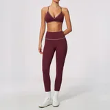 TS9615-4 · Burgundy Burgundy Women's Brushed Backless Yoga Activewear Set V Neck