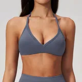 Dark Grey Blue Women's Seamless Backless Supportive Bra Halter Neck Fitted