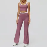 Violet Purple Women's Ribbed Vest & Flared Pants Yoga Activewear Set