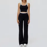 Jet Black Women's Ribbed Vest & Flared Pants Yoga Activewear Set