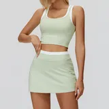 Light Fruit Green Women's Ribbed Vest & Skirt Yoga Activewear Set