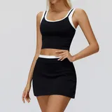 Jet Black Women's Ribbed Vest & Skirt Yoga Activewear Set