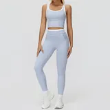 Mist Blue Women's Ribbed Vest & Leggings Yoga Activewear Set
