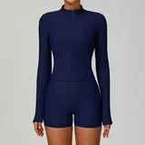 Navy Blue Running Stand Collar Jacket Windproof Ribbed Slimming Fitted
