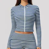 WJ4556-1 · Royal Blue White Royal Blue White Women's Striped Fitness Stand Collar Workout Jacket Fitted