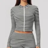 WJ4556-2 · Ink White Ink White Women's Striped Fitness Stand Collar Workout Jacket Fitted