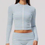 Pale Blue White Women's Striped Fitness Stand Collar Workout Jacket Fitted