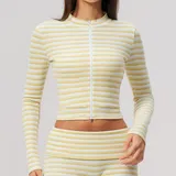 WJ4556-4 · Mustard White Mustard White Women's Striped Fitness Stand Collar Workout Jacket Fitted