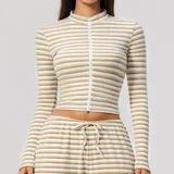 Khaki White Women's Striped Fitness Stand Collar Workout Jacket Fitted