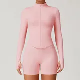 Peach Pink Women's Stand Collar Workout Jacket Long Sleeve Fitted