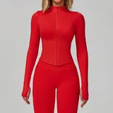 Bright Red Women's Stand Collar Workout Jacket Long Sleeve Fitted
