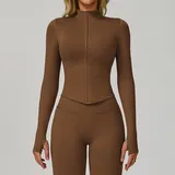 Dark Coffee Women's Stand Collar Workout Jacket Long Sleeve Fitted