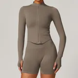 Coffee Women's Stand Collar Workout Jacket Long Sleeve Fitted