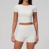 Pearl Grey Women's Butt Lifting Yoga Activewear Set Short Sleeve