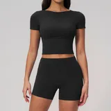 WS2551-2 · Jet Black Jet Black Women's Butt Lifting Yoga Activewear Set Short Sleeve