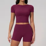 WS2551-3 · Dark Purple Red Dark Purple Red Women's Butt Lifting Yoga Activewear Set Short Sleeve