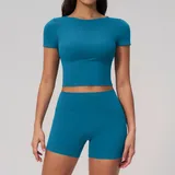 Peacock Blue Women's Butt Lifting Yoga Activewear Set Short Sleeve