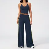 Navy Blue Women's Backless Running Active Yoga Set V Neck