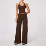 Coffee Blue Clash Women's Backless Running Active Yoga Set V Neck