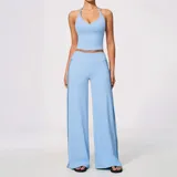 Light Blue Women's Backless Running Active Yoga Set V Neck