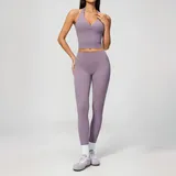 Lilac Brushed High Waist Women's Yoga Set Deep V