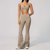 Light Khaki Women's Pilates Fitness Yoga Activewear Set Wide Leg