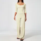 Cream White Women's Yoga Set Tummy Control Deep V Fitted