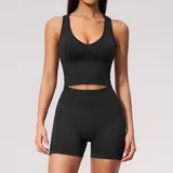 Jet Black Women's Seamless Running Yoga Set Quick Dry Breathable