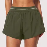 Olive Green Women's Brushed Layered Yoga Shorts Anti-Chafing Relaxed