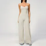 YB4529-1 · Gray Apricot Gray Apricot Women's Yoga Stretch Bodysuit Wide Leg Backless Brushed
