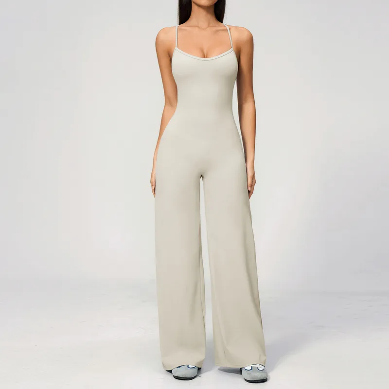 Women's Yoga Stretch Bodysuit Wide Leg Backless Brushed