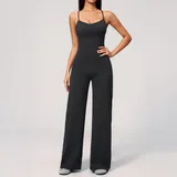 YB4529-2 · Jet Black Jet Black Women's Yoga Stretch Bodysuit Wide Leg Backless Brushed