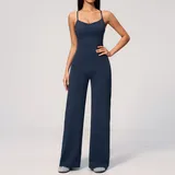 Badge Blue Women's Yoga Stretch Bodysuit Wide Leg Backless Brushed