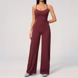 Retro Red Women's Yoga Stretch Bodysuit Wide Leg Backless Brushed
