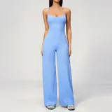 Clear Sky Blue Women's Yoga Stretch Bodysuit Wide Leg Backless Brushed