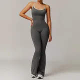 YJ3013-1 · Distant Mountain Grey Distant Mountain Grey Women's Backless Running Fitness Workout Performance Bodysuit Flared