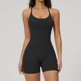 Jet Black Women's Yoga Performance Workout Performance Bodysuit Flared Backless