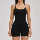Jet Black Women's Yoga Workout Performance Bodysuit Backless Strappy Layered